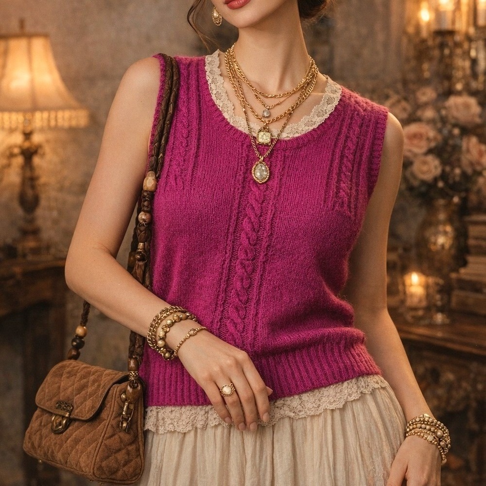 Vintage Dimensions Pink Silk Blend Chunky Cable Knit Sleeveless Sweater Women M